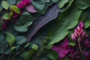 AI generated Close up of pink and purple bougainvillea flowers and green leaves. generative ai photo