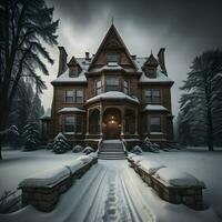 AI generated Beautiful old house in the winter forest. generative ai photo