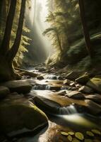 AI generated Long exposure of a river flowing through a forest with trees and rocks. generative ai photo