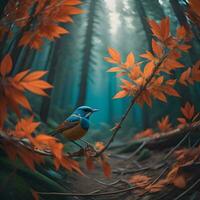 AI generated Beautiful blue bird sitting on a branch in the autumn forest. generative ai photo