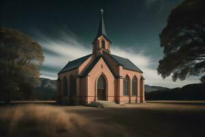 AI generated Church on the road in the mountains. generative ai photo