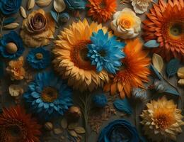 AI generated Colorful autumn flowers on gray background. Flat lay, top view. generative ai photo