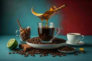 AI generated Coffee pouring into a cup of coffee and falling coffee beans. generative ai photo