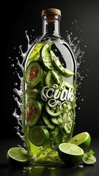 AI generated Bottle of cucumber water with splash on black background. generative ai photo