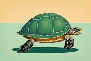 ai generado ilustración de un Tortuga en un verde antecedentes en dibujos animados estilo. ai generativo foto