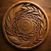AI generated Wooden carved round frame in the form of a circle on a wooden background. generative ai photo