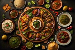 AI generated Assorted Indian dishes on a wooden table. Top view with copy space. generative ai photo