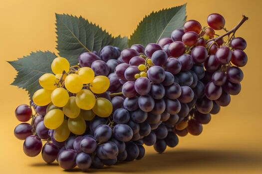 AI generated Bunch of ripe grapes on a yellow background. Close-up. ai generated photo