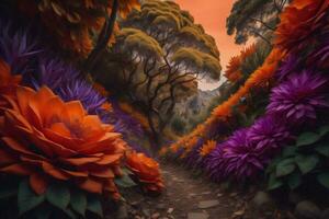 AI generated a fantasy landscape with path and flowers in the forest. generative ai photo
