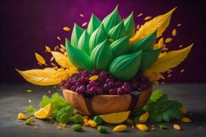 AI generated Bouquet of flowers and fruits in a wooden bowl on a dark background. generative ai photo