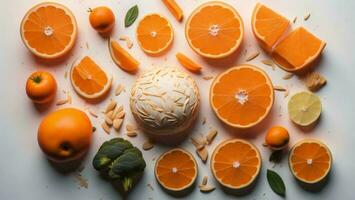 AI generated Cupcake with tangerines, lemons and oranges on white background. ai generated photo