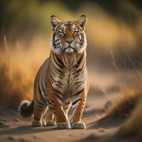 AI generated Siberian Tiger standing in the sand in the morning light. generative ai photo