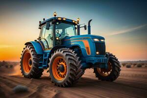 AI generated Blue tractor in the desert. generative ai photo