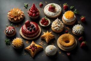 AI generated Assortment of sweet cakes on a black background. Toned. generative ai photo