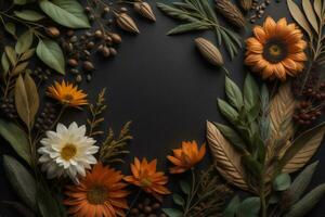 AI generated Flowers composition. Frame made of autumn flowers, leaves and berries on black background. Flat lay, top view, copy space. generative ai photo