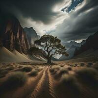 AI generated Fantasy landscape with a lone tree in the middle of the desert. generative ai photo