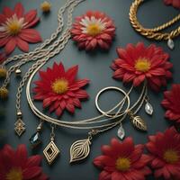 AI generated jewelry and red flowers on a dark background. generative ai photo