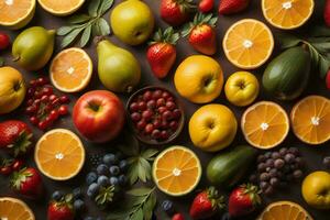AI generated Fruits and vegetables on brown background. Top view, flat lay. ai generated photo