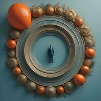 AI generated Businessman standing on a round plate surrounded by orange balloons. generative ai photo