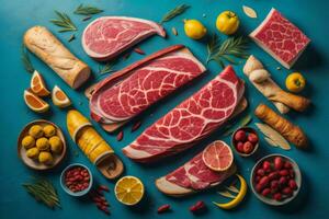 AI generated Top view of meat products on blue background. Raw beef, ham, bacon, vegetables, fruits and spices. generative ai photo