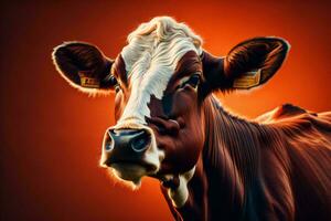 AI generated Portrait of a cow on a red background. Close-up. ai generated photo