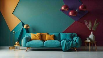 AI generated Interior of modern living room with blue sofa and colorful wall. generative ai photo