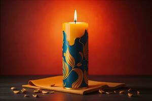 AI generated Burning aroma candle on wooden table against solid color background, copyspace. ai generative photo