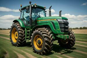 ai generado tractor en el campo con azul cielo en antecedentes. generativo ai foto