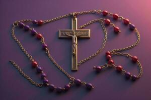 AI generated Cross with rosary beads on purple background. generative ai photo