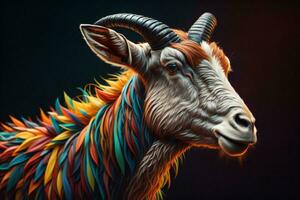 AI generated Portrait of a goat with colorful hair on a dark background. ai generated photo