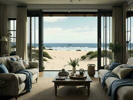 ai generado lujo vivo habitación interior con playa vista. generativo ai foto
