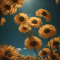 AI generated Sunflowers on a blue sky background. Vintage style toned picture. generative ai photo