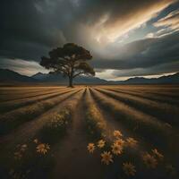 ai generado solitario árbol en el campo a atardecer, generativo ai foto