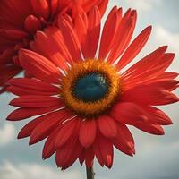 AI generated Red sunflower with blue sky and clouds in background - retro vintage effect. generative ai photo