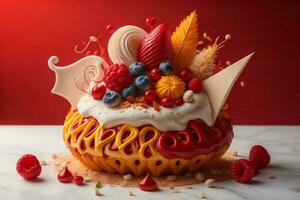AI generated Birthday cake with berries and cream on red background, closeup. generative ai photo