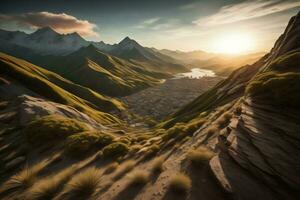 AI generated Beautiful landscape of mountains and lake at sunset. generative ai photo