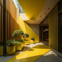 ai generado interior de moderno café con amarillo paredes, hormigón piso y verde plantas en ollas. ai generado foto