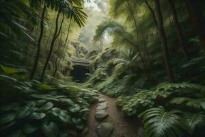 AI generated Walkway in tropical rainforest. Nature background. Travel concept. generative ai photo