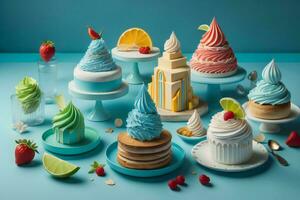 AI generated Birthday cake and cupcakes on blue background, generative ai photo