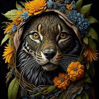 ai generado hermosa Tigre en un guirnalda de otoño flores vector ilustración. generativo ai foto