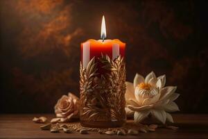 AI generated Creative burning candle on a wooden background. ai generative photo