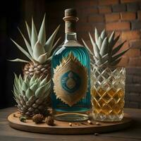 AI generated Tequila bottle and glass on a wooden table. Vintage style. generative ai photo