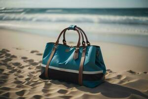 AI generated Green leather bag on the beach with sea and sky in the background. generative ai photo