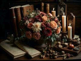 AI generated Still life with old books, candles and a bouquet of dried flowers. generative ai photo