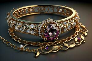 AI generated Jewelry gold bracelet with precious stones. generative ai photo