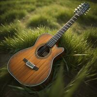 AI generated Acoustic guitar on green grass background. generative ai photo