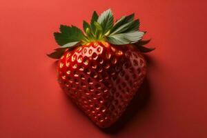 AI generated Strawberry with leaf on red background. Flat lay, top view. ai generated photo