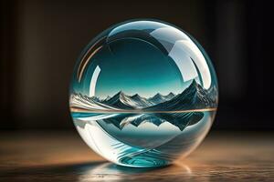 ai generado transparente cristal pelota en un de madera mesa. ai generativo foto