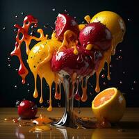 AI generated Fruit juice splash on a black background. generative ai photo