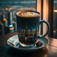 AI generated Cup of coffee with cityscape background. generative ai photo
